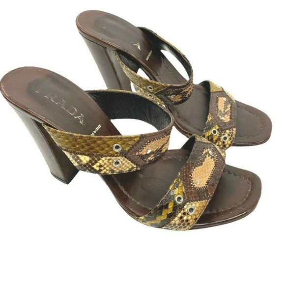 Prada Lizard Strap Open Toe Brown Shoes 4" Heels - Picture 1 of 7